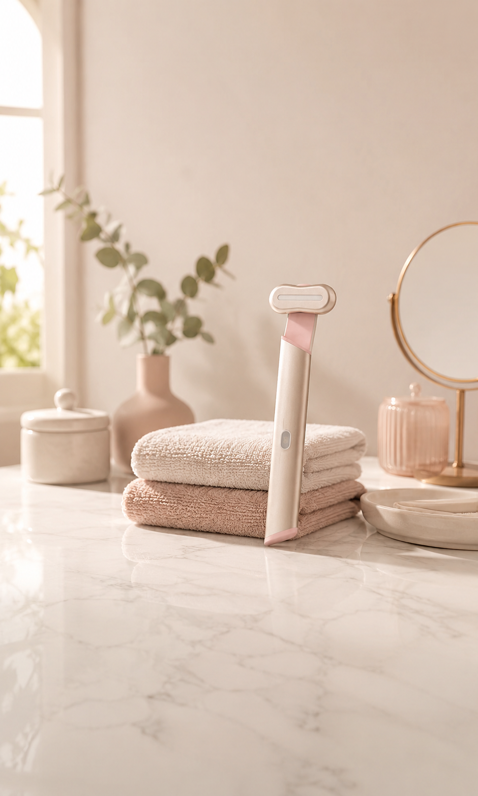 The Joliluz eye wand standing on a marble bathroom counter beside folded towels and a mirror