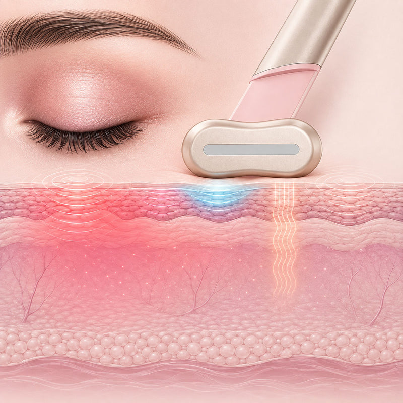 Cross-section illustration of the eye area: the wand rests its oval head on the skin while red and blue light, gentle warmth and sonic vibration spread through the upper skin layers